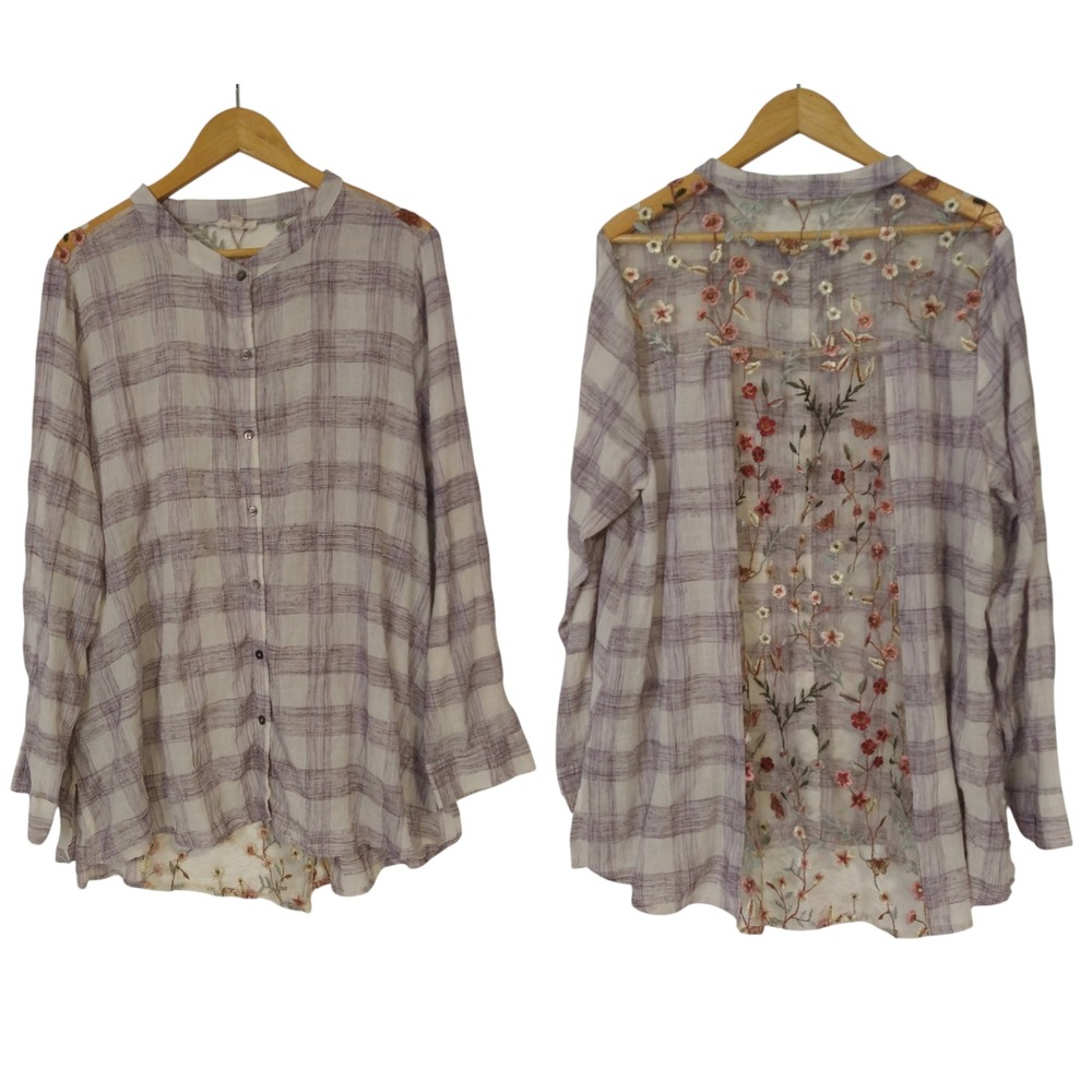 Oddi Shirt Blouse Women's 3XL XXXL Button Up Checkered Embroidered Lace Floral